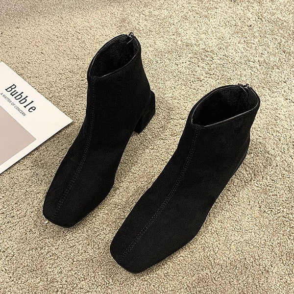 Ankle Boots For Women Square Toe Fashion Shoes Plush Warm Winter Short Boots Zipper Square Heels Comfortable Lady Shoes