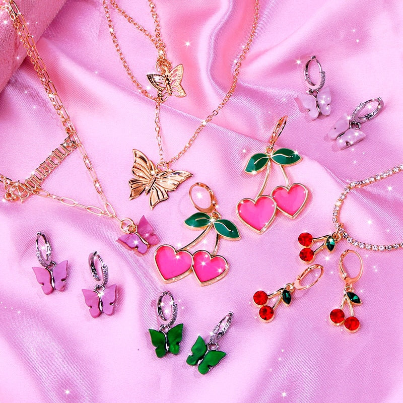 Caraquet Korea New Fashion Pink Cherry Fruit Dangle Earrings Women Drop Glaze Heart Earring Sweet Girls Gift Statement Jewelry
