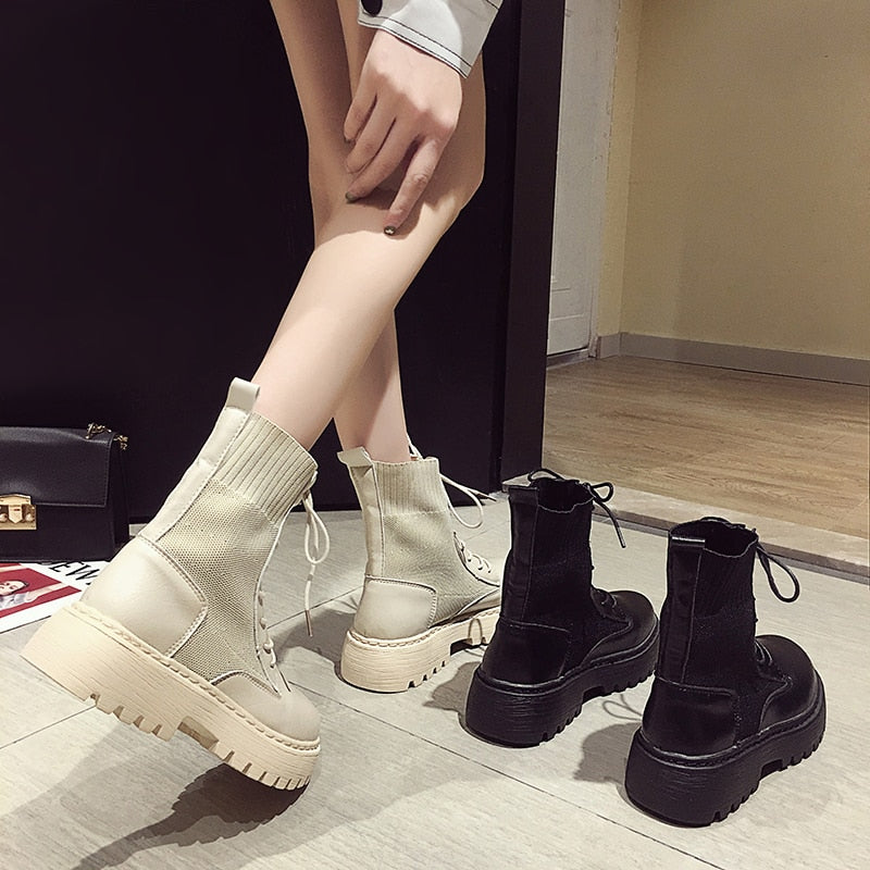 Ankle Boots for Women 2020 Autumn Motorcycle Boots Thick Heel Platform Shoes Woman Slip on Round Toe Fashion Martin Boots