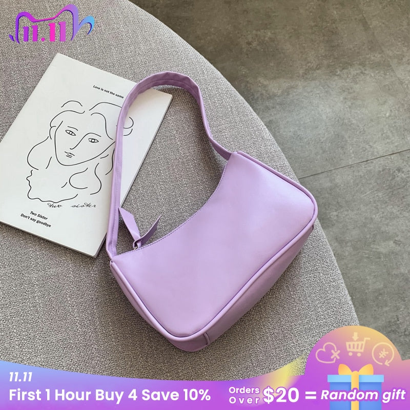 Soft PU Leather Women Purple Underarm Bag Retro Solid Color Ladies Baguette Handbags Fashion Design Girls Small Shoulder Bags