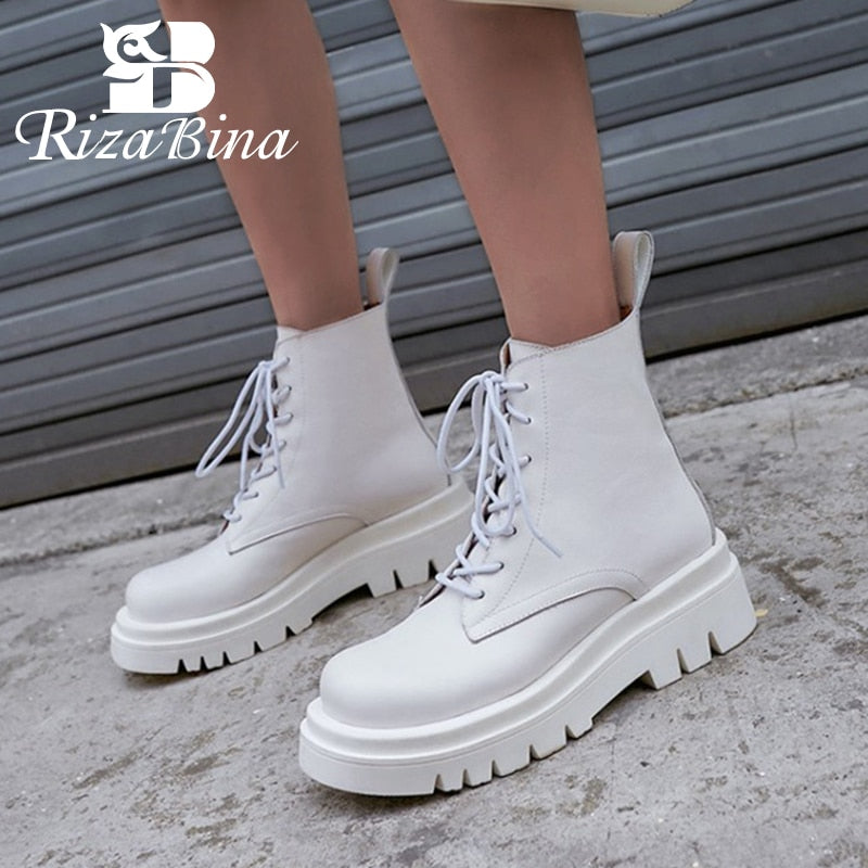RIZABINA Size 34-43 2021 INS Woman Real Leather Ankle Boots Fashion Shoes Woman Short  Winter Warm Boots Platform Heel Footwear